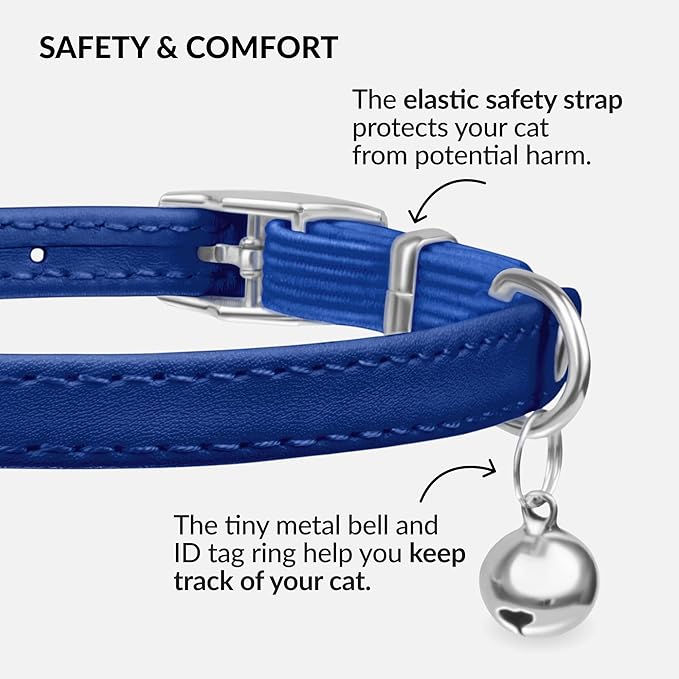 CollarDirect Leather Cat Collar with Bell - Kitten Collar, Small and Big Cat Collar for Boy Cats, Girl Cats with Safety Elastic Strap (Neck Fit 6"-7", Navy Blue)-PawvioPets