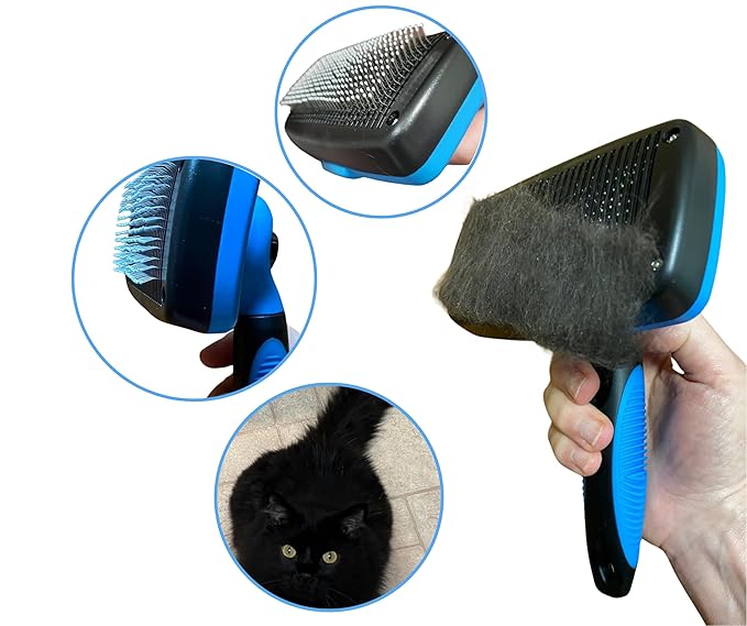 3-in 1 Dog & Cat Grooming Supplies- Self-cleaning Slicker Brush, Deshedding Rake Comb, And Finger Toothbrush For Dogs & Cats | Perfect For Pet Grooming Kit, Dematting And Dental Tool (blue)-PawvioPets