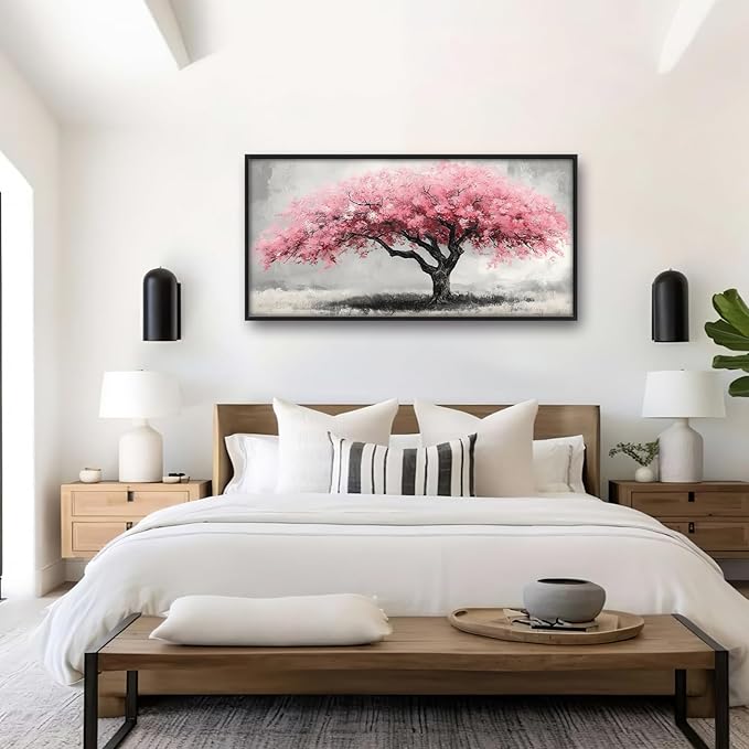 Extra Large Framed Pink Tree Wall Art,Abstract Tree of Life Wall Decor,Pink and Grey Pictures for Living Room,Canvas Print Painting Modern Artwork Bedroom Office Bathroom Home Decor 60L x30W-PawvioPets
