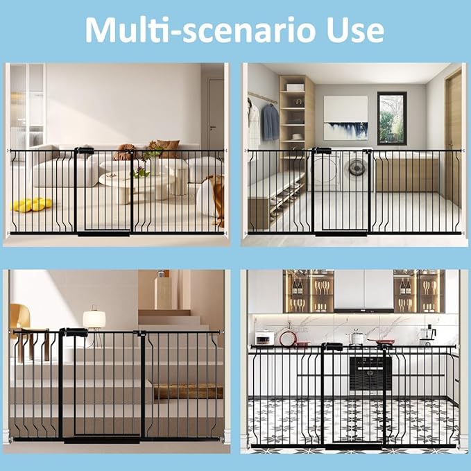 62.2"-71.65" Extra Wide Auto Closing Baby Safety Gate for Stairs & Doorways, Pressure Mounted No Drill Pet Gate with Walk-Through Door - Heavy Duty Childproof Gate for Toddlers, Kids, Dogs (Black)-PawvioPets