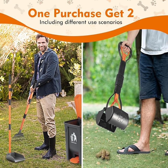 28" Pooper Scooper and 38" Heavy Duty Stainless Steel Rake & Tray Set, 3 in 1 Portable Dog Pooper Scooper Set for Large Medium Small Dogs in Grass, Dirt or Gravel-PawvioPets
