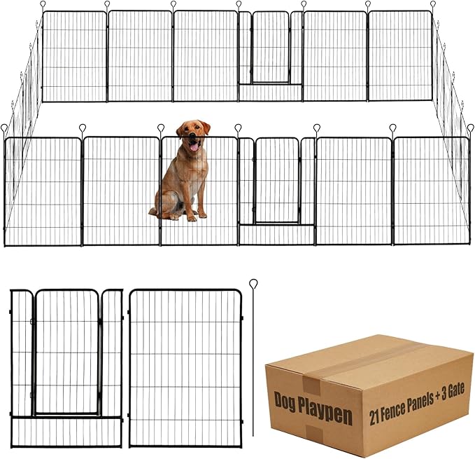 Dog Playpen,24 32 40 48 in(H) Pet Fence Outdoor for Rv Camping,Garden Fence Large Animal Barrie for Yard,11Ft(L)-56Ft(L) Black Metal Temporary Fencing-PawvioPets