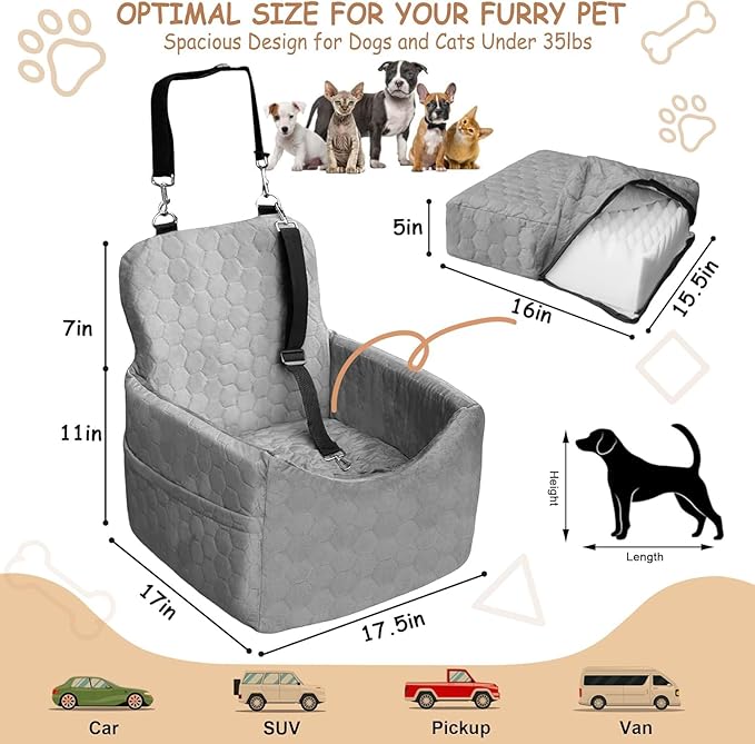 Dog Car Seat for Small/Medium Dogs - Dog Booster Seat with Safety Straps & Non-Slip Base, Travel Pet Car Seat with Storage Pockets, Washable & Removable, Suitable for Dogs Under 35 lbs (Gray)-PawvioPets