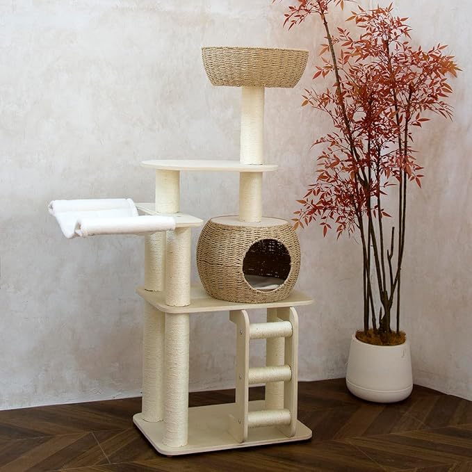54 Inch Cat Tree for Indoor Cats, Tall Wooden Cat Tower with Scratching Posts, Rattan Condo and Perch, Multi-Level Cat Climber, Stylish Pet Furniture-PawvioPets