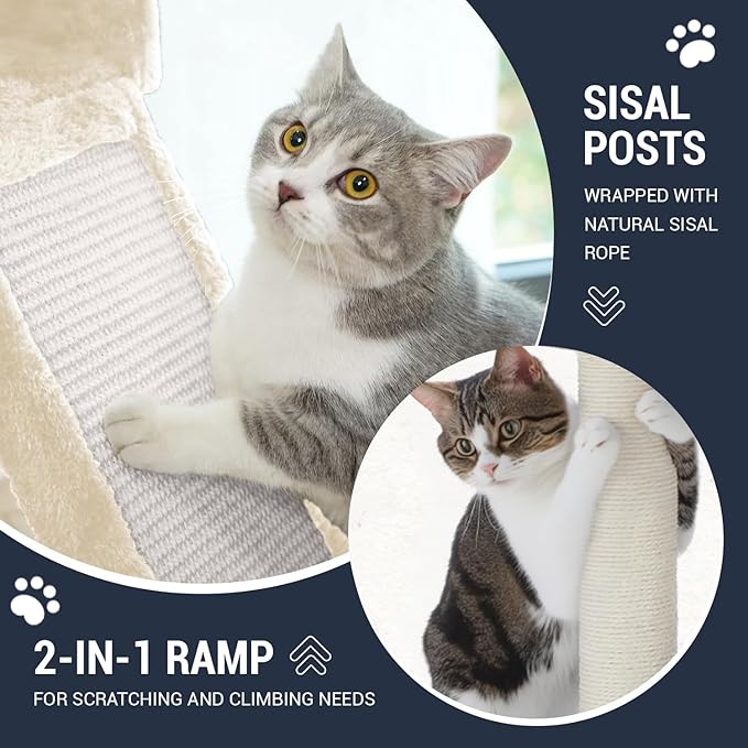 Allewie 68 Inches Cat Tree/House and Towers for Big Feline/Scratching Post/Multi-Level Large Kitty Climbing Tree with Condo/Beige-PawvioPets