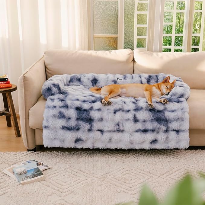 FUNNY FUZZY Pet Fluffy Plush Calming Dog Couch Bed Sofa Protector Washable Pets Mat for Large Medium Small Dogs and Cats (Tie-dye Blue,47.24 × 37.4 × 6.3 in)-PawvioPets