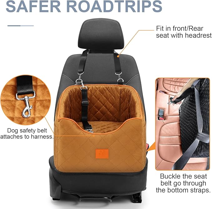 Dog Car Seat for Small Dogs, Memory Foam Booster Dog Seat for Dogs up to 35 lbs, Elevated Pet Car Seat with Washable Removable Cover, Storage Pockets-PawvioPets