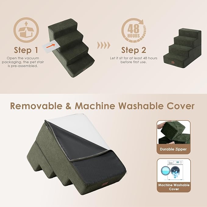 EHEYCIGA Dog Stairs for Bed 18" H, 4-Step Dog Steps for High Bed, Pet Steps for Small Dogs and Cats, Non-Slip Balanced Pet Ramp Indoor, Olive Green-PawvioPets