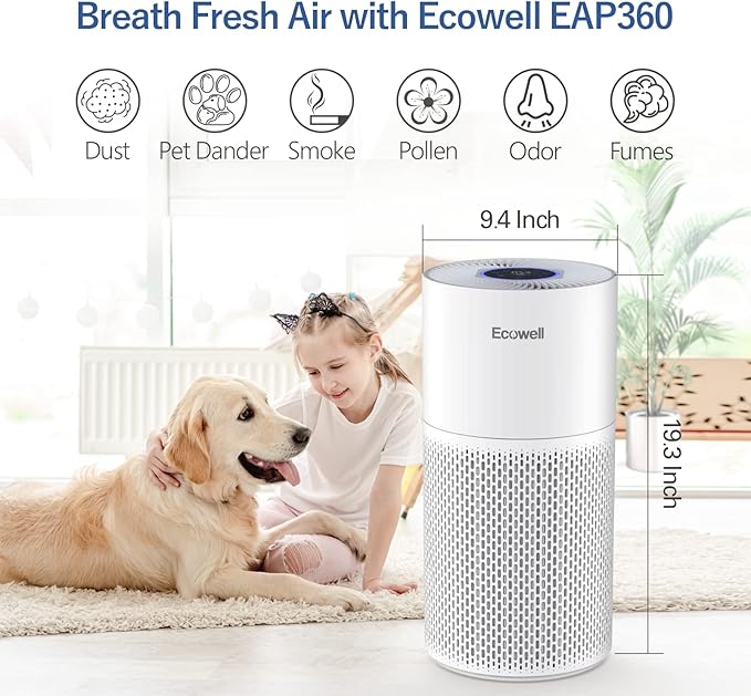 Air Purifiers for Home Large Room Cover 1640 sq.ft, Air Purifiers for Bedroom H13 True HEPA Filter Air Cleaner to Removes 99.97% Mold Pollen Smoke Pet Dander Dust Odor, ECOWELL Model: EAP360-PawvioPets