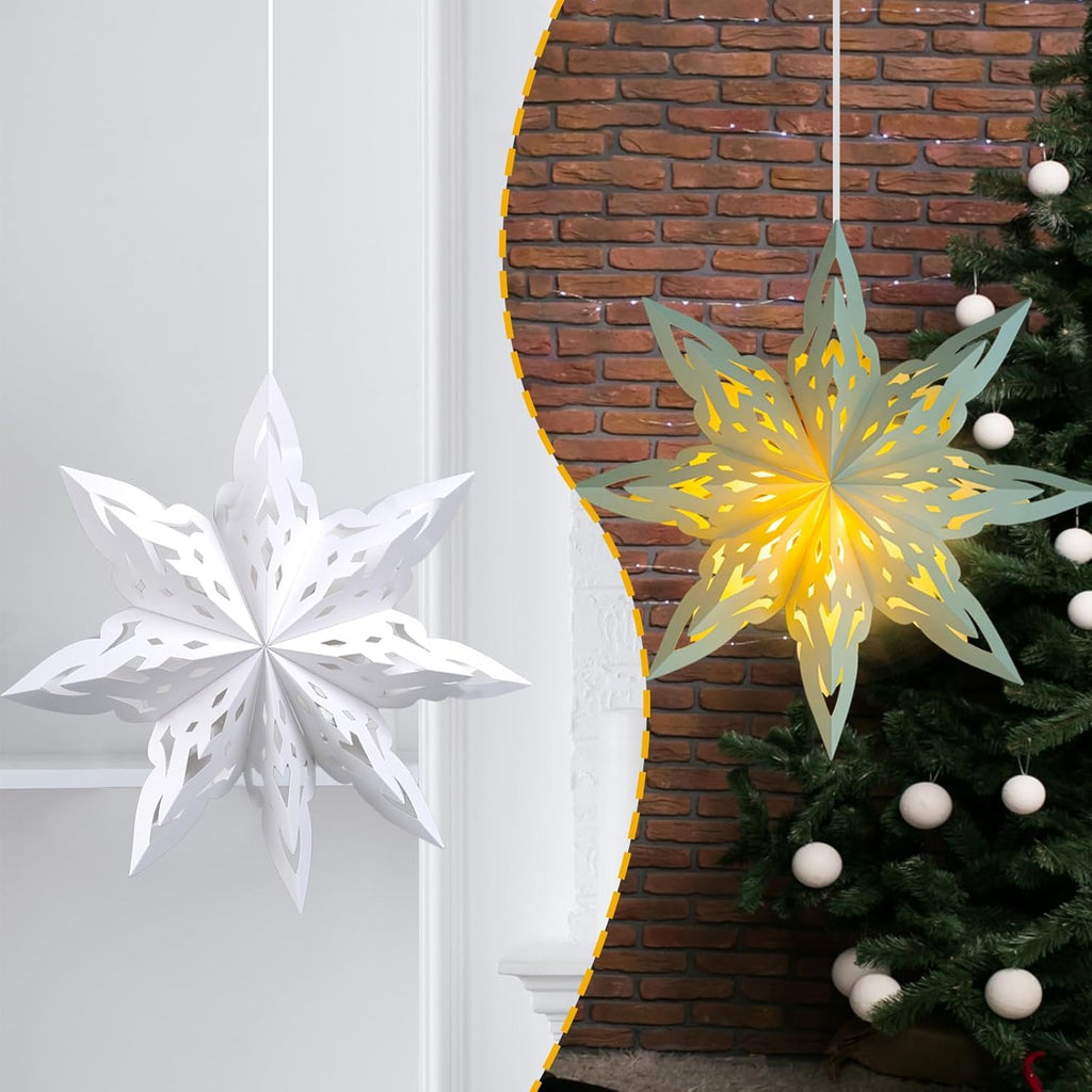Christmas Paper Snowflake Lanterns, 2 Pack Christmas Paper Star Lantern with LED Light White Hanging Lamp Ornaments for Xmas Tree New Year Winter Frozen Weddings Birthday Holiday Party Decorations