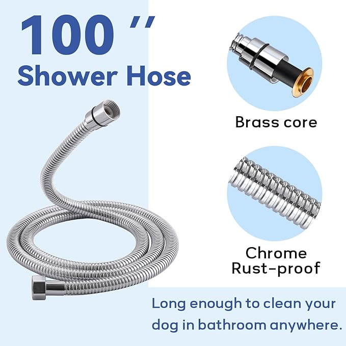 Dog Shower Attachment, 3 Mode Handheld Sprayer with ON/OFF Switch, G1/2" Metal Diverter, 100 Inches Stainless Steel Hose, No Drill Holder, for Pet and Dog Washing in Bathroom-PawvioPets