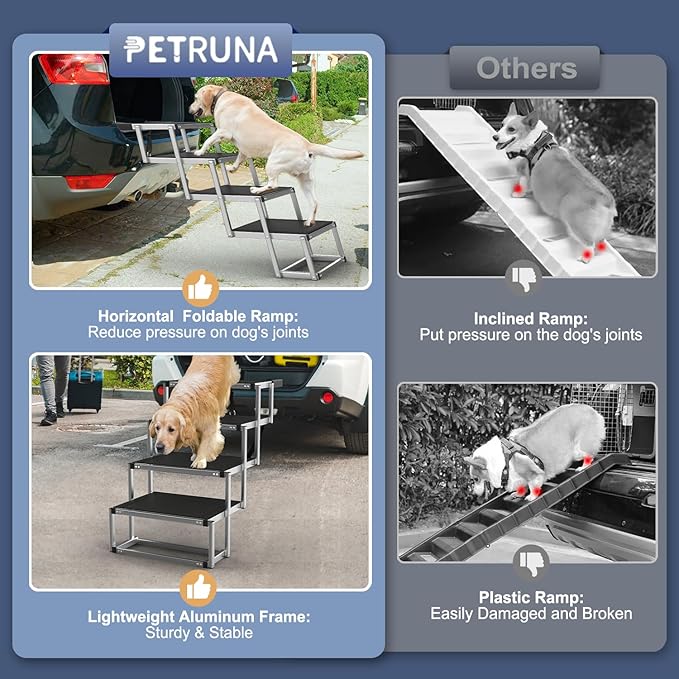 Dog Stairs for Car, Foldable Dog Ramp for Car with Non-Slip Surface, Portable Stairs Aluminum SUV, High Beds, Truck, Supports up to 150 lbs, 4 Steps-PawvioPets