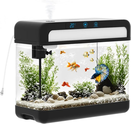 Fish Tank 3 Gallon Smart Aquarium Kits with Silent Water Pump,Self Cleaning System,7 Color Lights,Temperature Display, Aromatherapy, Advanced Filtration for Small Fish Kids Room Desktop Decor-PawvioPets