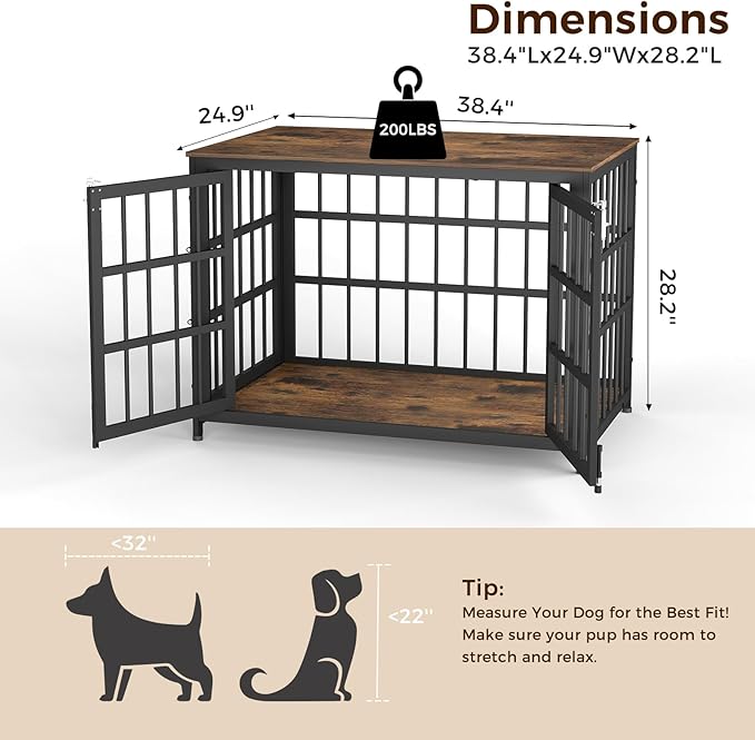 38 Inch Heavy Duty Wooden Dog Kennel End Table with Double Door Design and Secure Locks, Indoor Pet Crate Furniture for Medium Dogs, Decorative Home Cage Design,Aged Black-PawvioPets