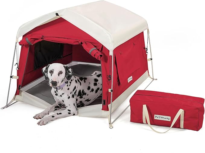 Dog Tent Cotton Fabric, Aluminum Poles and Camping Mat, Outdoor Weatherproof, Dog House Outdoor, Breathable with 2 Side Windows, Portable and Collapsible (Red, Large)-PawvioPets