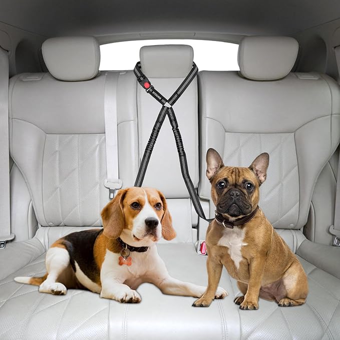 BWOGUE Double Dog Cat Seat Belts, Car Headrest Restraint Adjustable Travel Leash,Safety Elastic Leads Splitter Connect Vehicle Seatbelt Harness for 2 Dogs-PawvioPets