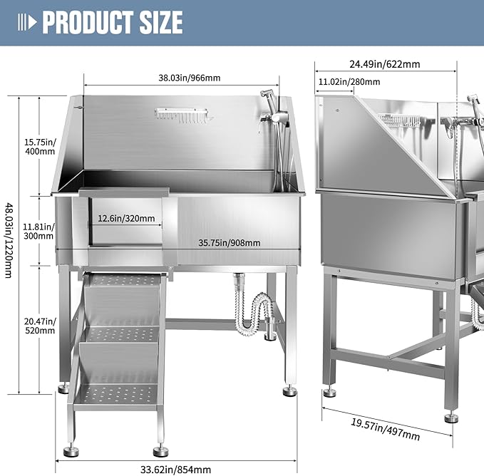 38" Dog Washing Station, Professional Stainless Steel Dog Bathing Station, Equipped with Three Anti-Slip Steps, Removable Door, Upgraded Spray Nozzle&Hose - Ideal for Home, Pet Grooming Salon,L-RAMP-PawvioPets