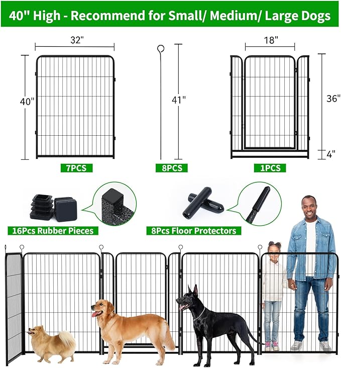 Dog Playpen Outdoor Extra Wide 8 Panels Heavy Duty Dog Fence 40" Height Anti-Rust with Doors Portable for RV Camping Yard, Total 21FT, 35 Sq.ft, Snowy Black-PawvioPets