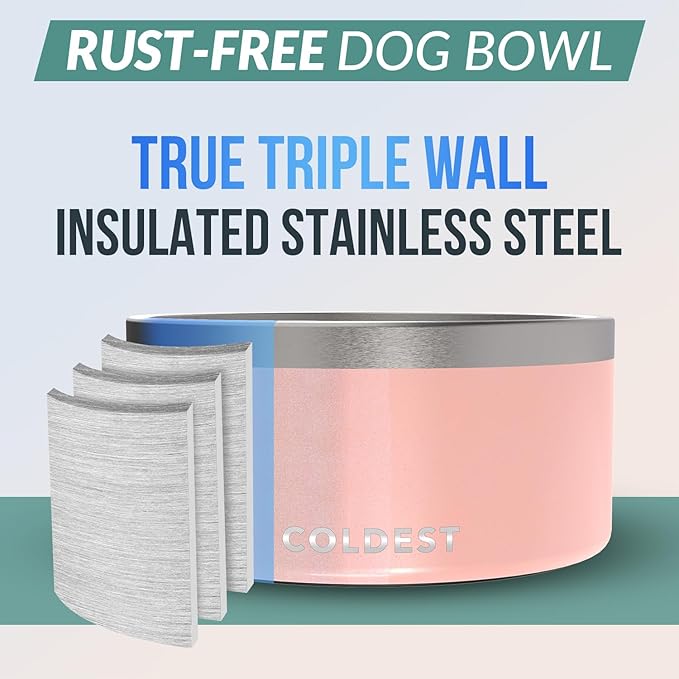 Coldest Dog Bowl - Anti Rust Metal, Non Slip, 3 Layers Insulated Stainless Steel Dog Bowls - Spill Proof & Heavy Duty - Water Bowl for Dogs, Cats, Dish Washer Safe (200 oz, Forever Pink Glitter)-PawvioPets