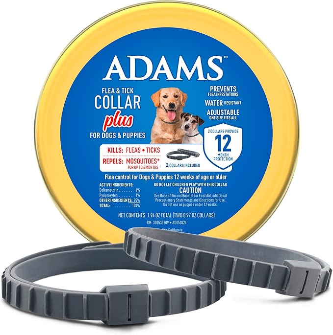Adams Flea & Tick Collar Plus for Dogs & Puppies |2 Pack |12-Month Protection |One Size Fits All Dogs & Puppies 12 Weeks and Older |Kills Fleas and Ticks |Repels Mosquitoes (excluding California)-PawvioPets