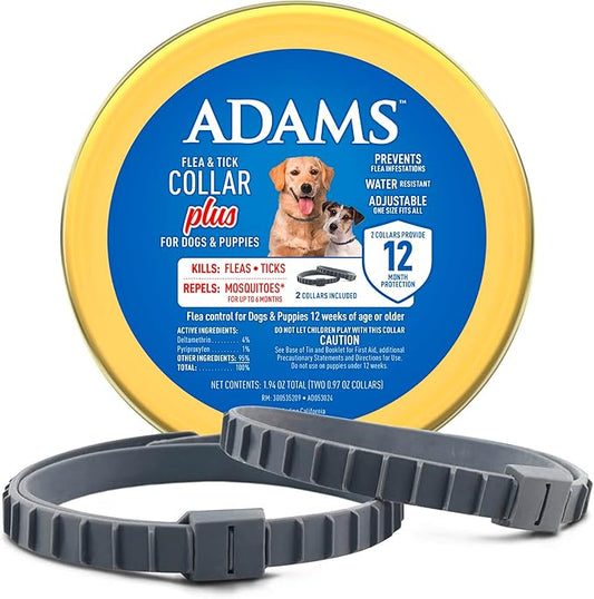 Adams Flea & Tick Collar Plus for Dogs & Puppies |2 Pack |12-Month Protection |One Size Fits All Dogs & Puppies 12 Weeks and Older |Kills Fleas and Ticks |Repels Mosquitoes (excluding California)-PawvioPets