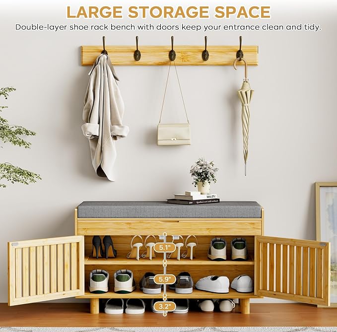 Coat Rack Shoe Bench Set, Bamboo Shoe Storage Bench with Seat Cushion & 5 Hooks, Hall Tree Entryway Bench with Lift Top Hidden Storage, 35.4" W x 12.6" D x 19.7" H, for Entryway, Living Room, Bedroom-PawvioPets