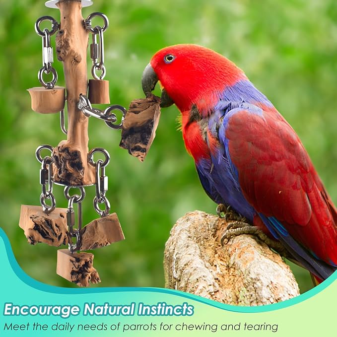 Bird Toys for Parrots, Durable Wooden Large Birds Toy with Stainless Steel, Hanging Natural Chew Hardwood Blocks for Macaws, African Greys, Amazon Parrot, Cockatoos and Small Medium Parakeets-PawvioPets