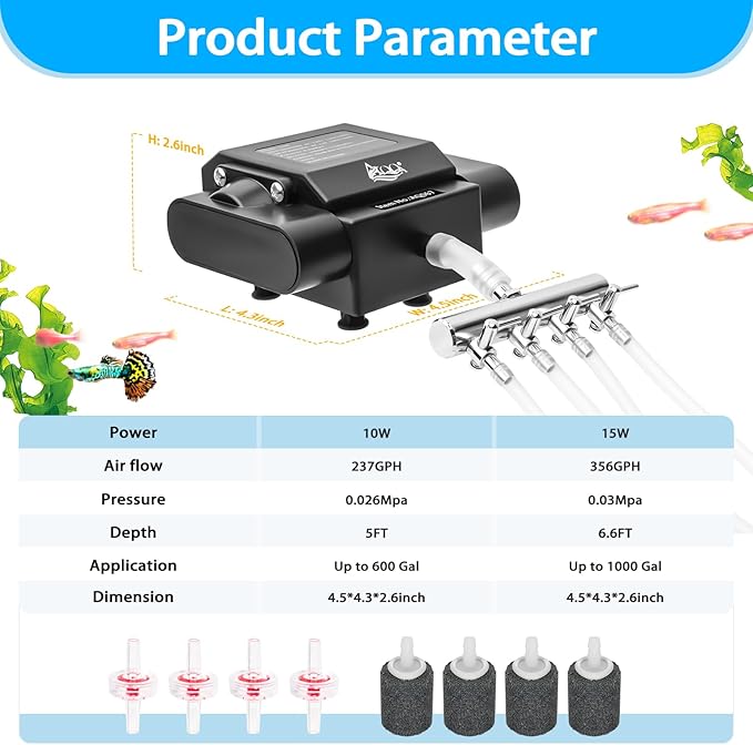 AQQA Powerful Aquarium Air Pump Adjustable Fish Oxygen Aerator Pump for Basement Aquarium Ponds Hydroponic 4 Outlets Commercial Air Pump Bubbler with Accessories for Fish Tank Up to 600Gal(10W,237GPH)-PawvioPets