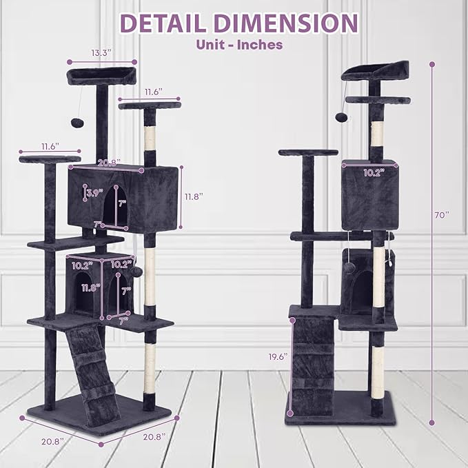 70 Inches Cat Tower for Indoor Cats, Multi-Level Cat Condos with Scratching Posts, Hanging Toys, Ashy-PawvioPets