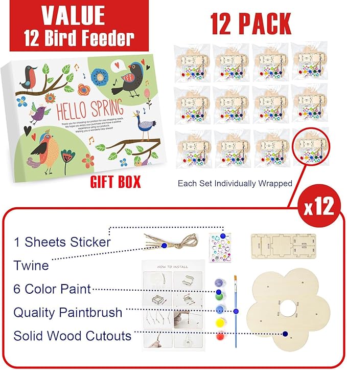 12 Pack Bird Feeder Craft Kits for Kids Ages 3-5 4-8 8-12, DIY Wooden Art Painting Outdoor Bulk Toys for Boys & Girls, Easter Christmas Gifts, Party Favor Gifts for Nature Loving Children-PawvioPets