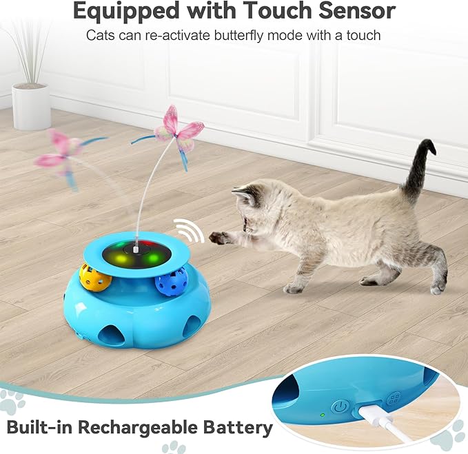 3in1 Interactive Cat Toys for Indoor Cats Rechargeable,Whack a Mole Cat Toy, Fluttering Butterfly, Track Balls, Automatic Kitten Toys Touch Activated, 2 Refill Feather-PawvioPets