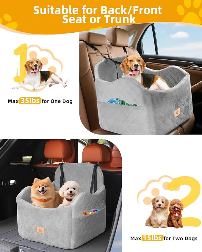 Car Seat Booster for Dog: High-Support Memory Foam Pet Car Seat for Small/Medium Dogs Under 35lbs with Elevated Cushion - Detachable Washable Puppy Travel Bed for Driving with Pockets (Grey)-PawvioPets