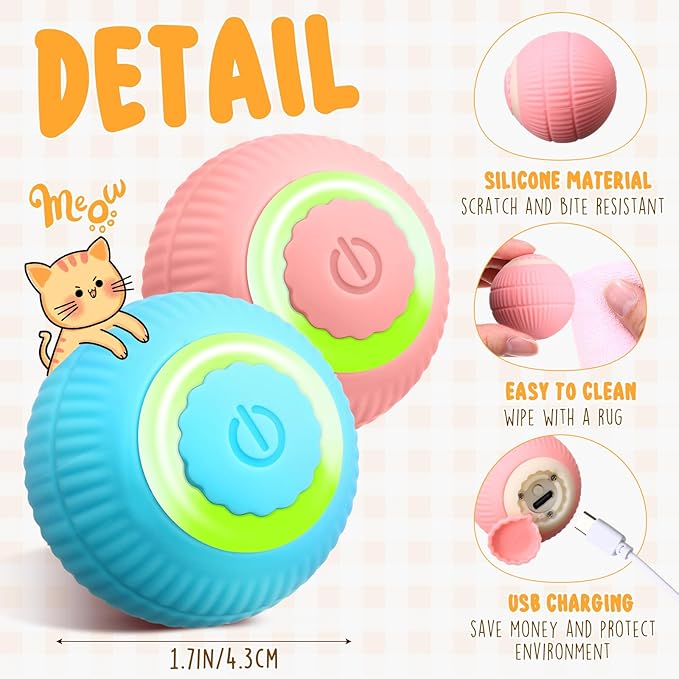 6 Pack Interactive Cat Ball Toy for Indoor Automatic Smart Rolling Ball with LED Light 2 Modes Electric Self Rolling Toy for Large and Small Puppy Kitten-PawvioPets