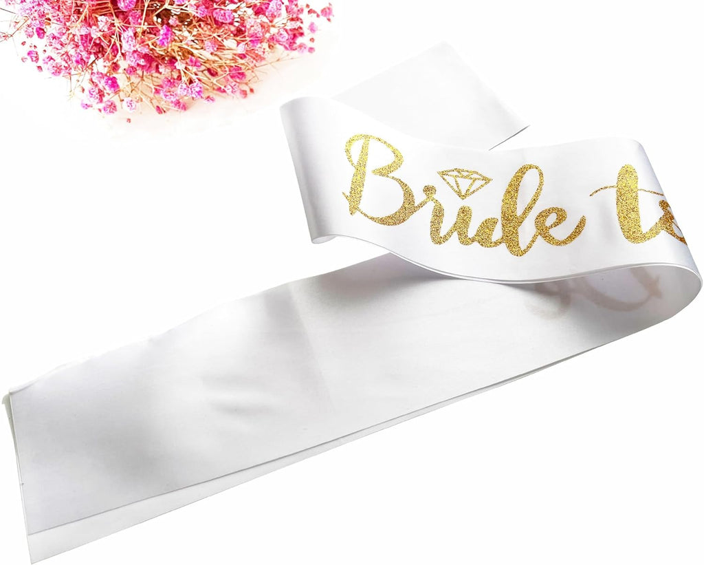 Bride to Be Sash, Bachelorette Party Sash for Bridal Shower Wedding Party Favors Accessories Supplies Engagement Gifts,White Satin with Glitter Letter Gold