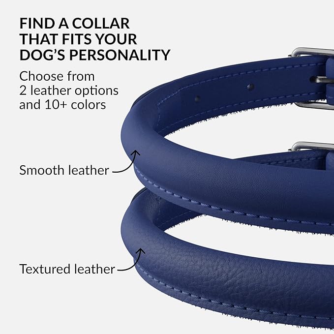 CollarDirect Rolled Leather Dog Collar, Soft Padded Round Puppy Collar, Handmade Genuine Leather Collar Dog Small Large Cat Collars 13 Colors (8-11 Inch, Deep Blue Smooth)-PawvioPets