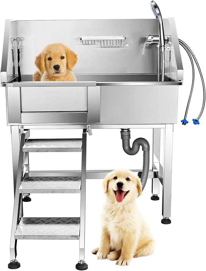 34'' Dog Washing Station for Small Dogs Grooming Tub Bathing Station Professional Pet Wash Station Bathtub for Home with Sliding Door, Faucet, Steps-PawvioPets