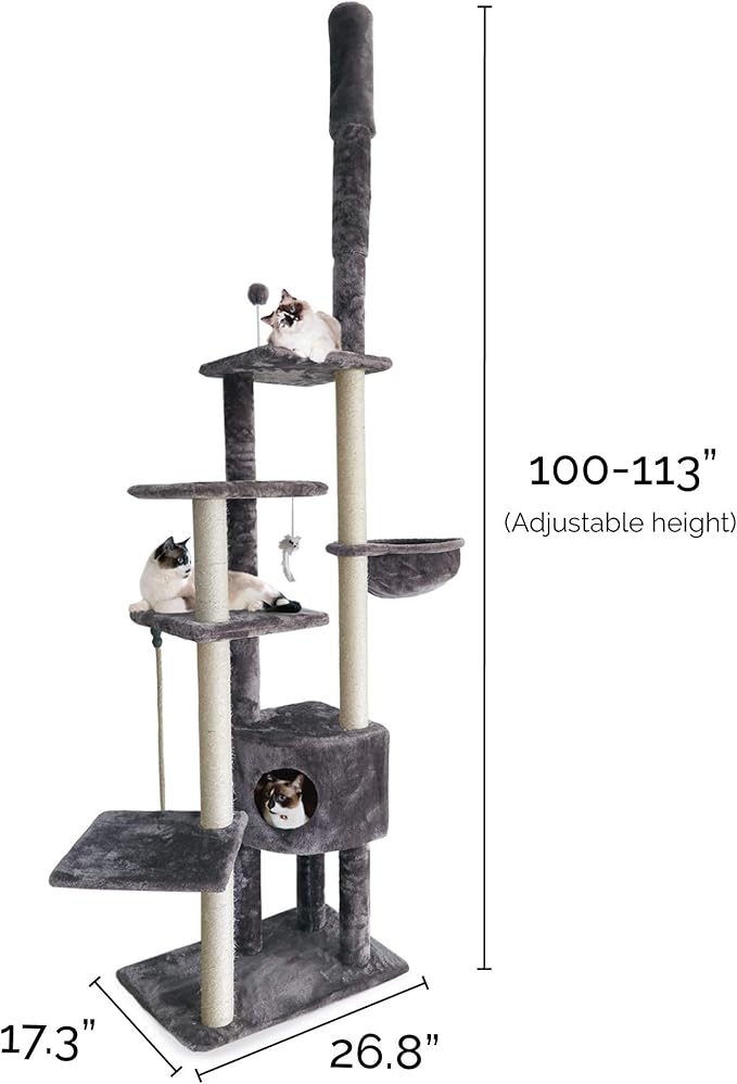 Furhaven 100"-113" Tall Cat Tree for Indoor Cats w/ Adjustable Height, Ft. Sisal Scratching Posts, Condo, & Toys - Tiger Tough Skyscraper Interactive Playground Tower - Gray, One Size-PawvioPets