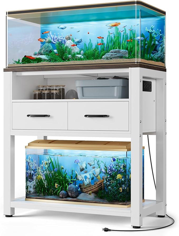 20-29 Gallon Aquarium Stand with Stable Metal Frame & Power Outlet, Heavy-Duty Fish Tank Stand with Waterproof Mat, 550LBS Capacity Storage Cabinet, White+Brown-PawvioPets