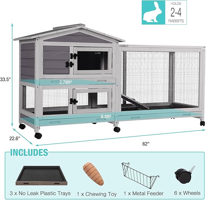 62" Rabbit Hutch with Chew-Proof Ramp & Waterproof Roof - Indoor/Outdoor Bunny Cage, 2-Story Design, 6 Lockable Caster Wheels & Dual Pull-Out Trays (Grey)-PawvioPets