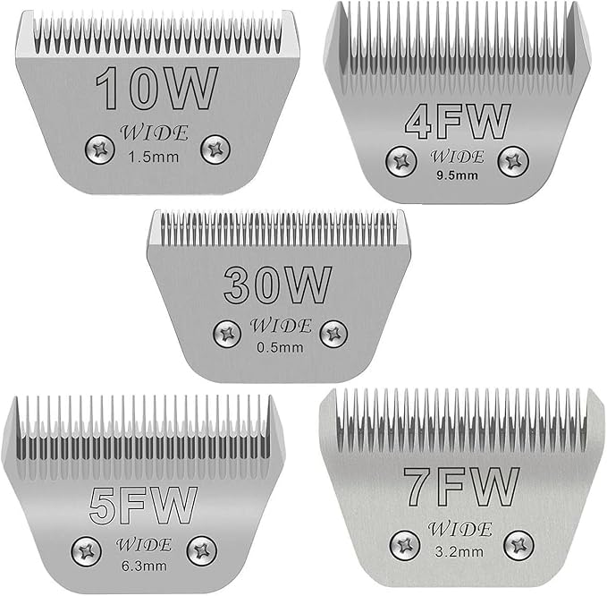 5PCS Wide Blades for Dog Grooming Blades Compatible with Andis Dog Clipper,Dog Clipper Blades for Oster A5,Wahl km10 Dog Clippers Stainless Steel for Animal Dog,Cat,Horse,Size:#10W+30W+4FW+5FW+7FW-PawvioPets