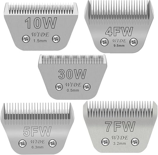 5PCS Wide Blades for Dog Grooming Blades Compatible with Andis Dog Clipper,Dog Clipper Blades for Oster A5,Wahl km10 Dog Clippers Stainless Steel for Animal Dog,Cat,Horse,Size:#10W+30W+4FW+5FW+7FW-PawvioPets