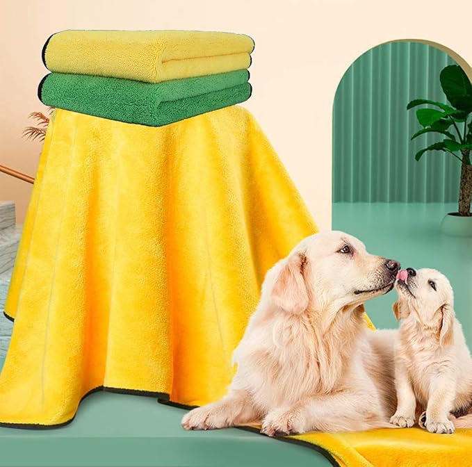 2 Pack Dog Towels Super Absorbent Pet Bath Towel Microfiber Dog Drying Towel for Small Dogs and Cats, Machine Washable, 11.8Inch x 23.6Inch, Yellow-Grey & Green-Grey-PawvioPets