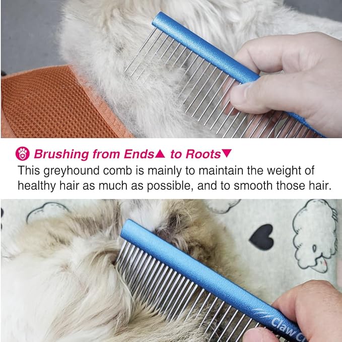 7.5" Greyhound Oval Grooming Comb – Blue Aluminum Spine, Stainless Steel Teeth Comb for Long-Haired Dogs & Cats, Removes Mats, Tangles, and Loose Fur – Lightweight for Long Time Deshedding-PawvioPets