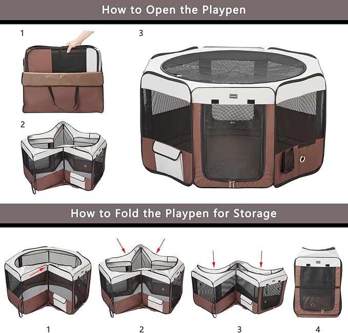 DONORO Dog Playpen Portable Pet Play Pens for Small Dog/Cat/Rabbit/Chicks, Cat Playpen Indoor/Outdoor with Carring Case, Removable Zipper Top and Bottom (Brown, Small (28"x28"x14"), 8)-PawvioPets