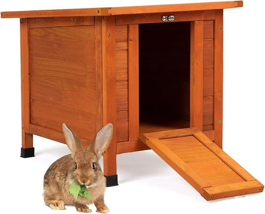 Coziwow Rabbit Hutch, Outdoor Cat House Weatherproof, Bunny Cage Indoor with Openable, Portable Small Animals Shelters with Nonslip Ramp for Hideout Rabbits/Feral Cats/Chicken/Small Animals-Orange-PawvioPets