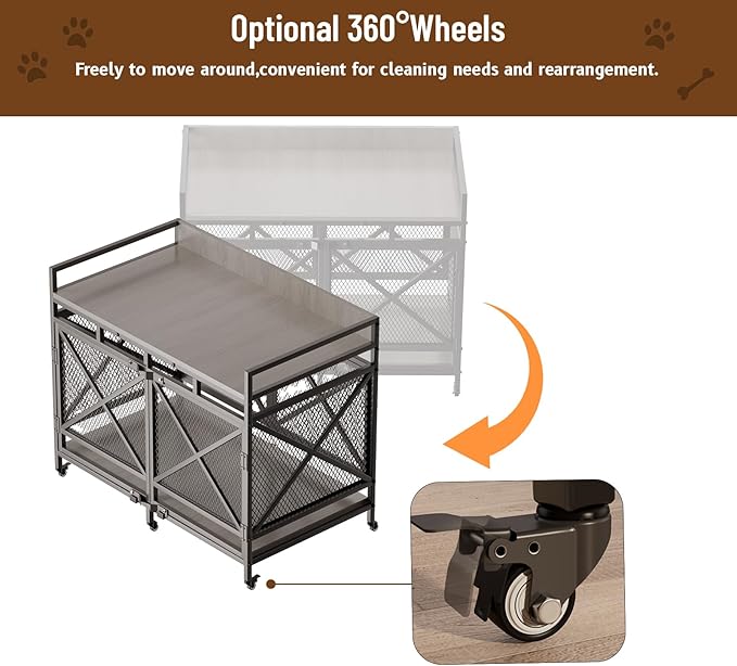 COZPAW Large Dog Crate Furniture, 48 Inch Wooden Dog Kennel for XLarge Dogs, Heavy Duty Dogs Furniture Indoor Wire Dog Cage with Caster Wheels,Decorative Pet House End Table, Textured Gray-PawvioPets