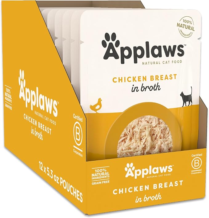 Applaws Natural Wet Cat Food in Broth, Limited Ingredient Wet Cat Food Pouches, No Additives, Made with Natural Ingredients, Chicken Breast in Broth (12 x 5.3oz Pouches)-PawvioPets
