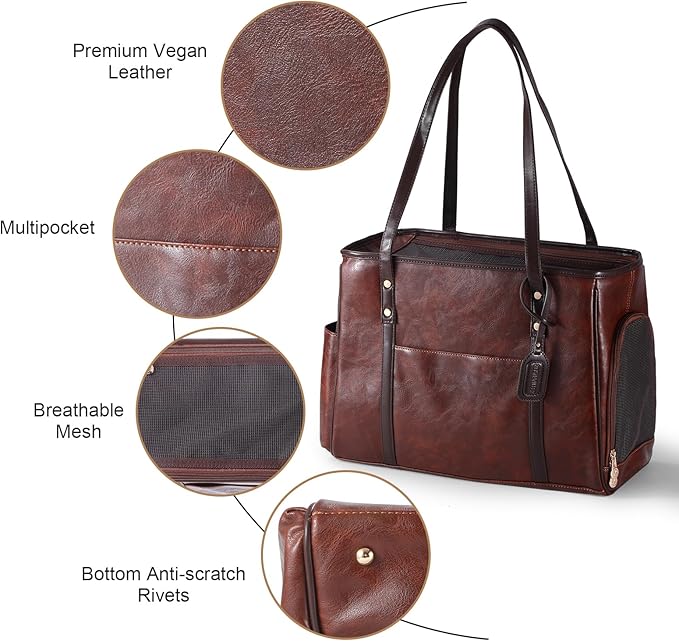 Fashion Dog Carrier Purse, Premium Leather Cat Carrier Bag, Airline Approved Soft Sided Pet Travel Tote Bag with Pockets Coffee-PawvioPets