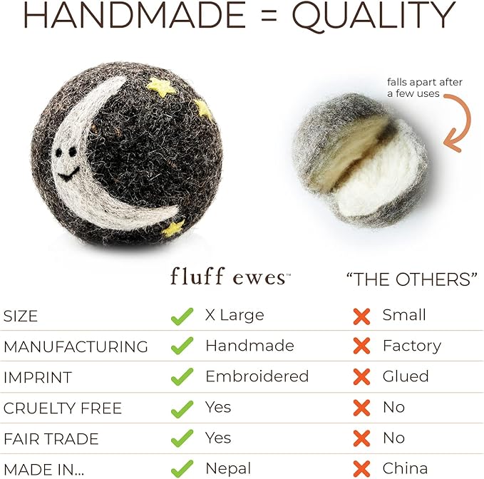 Fluff Ewes Wool Dryer Balls 6 Pack Premium New Zealand Wool Laundry Balls for Dryer, No Static Dryer Balls Laundry Reusable, XL Wool Dryer Balls Cute, Baby Dryer Balls for Dryers - Rainbow or Shine-PawvioPets