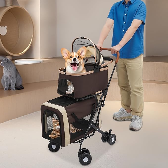 Double Pet Stroller for Dogs and Cats, Foldable Dog Stroller Travel Carriage with Detachable Carriers, Safety Belts, and 4 Lockable Wheels for Small to Medium Pets (Coffee Color)-PawvioPets